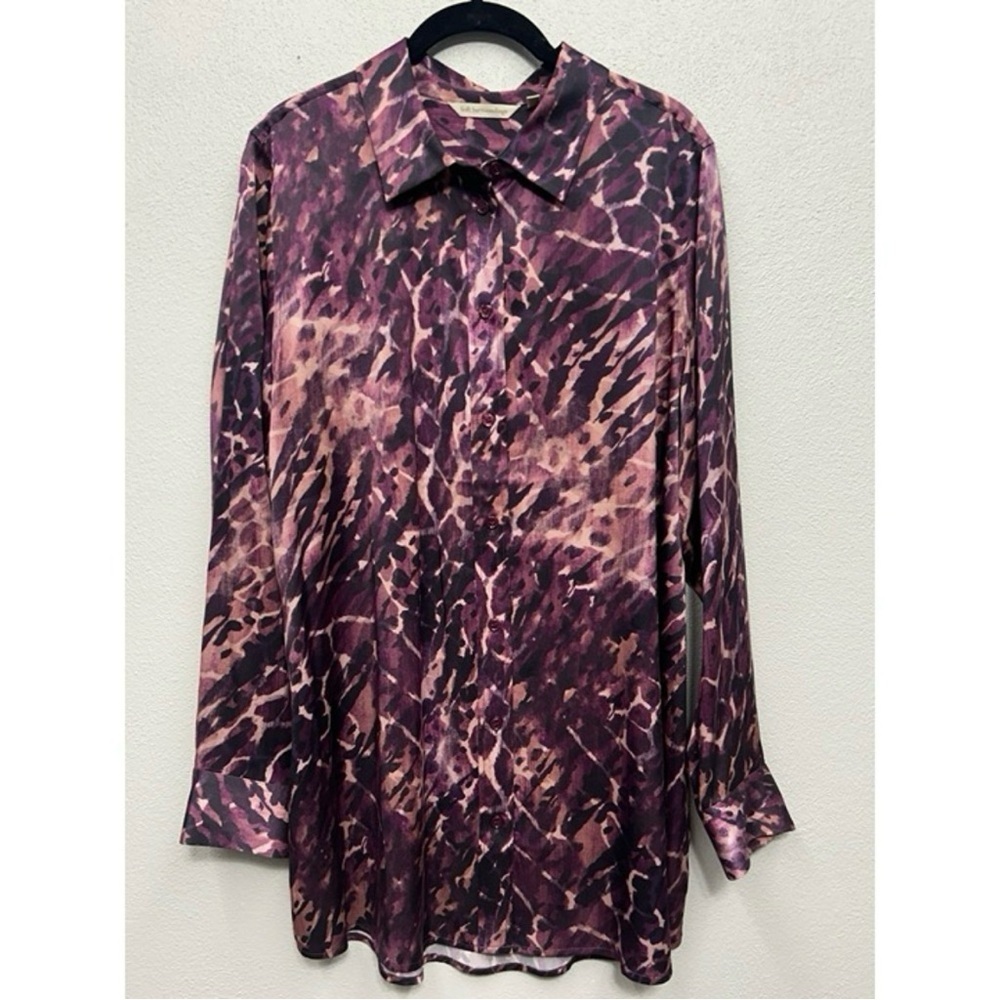 Soft Surroundings Silk Shirt Large Purple animal print long sleeve Button Up EUC